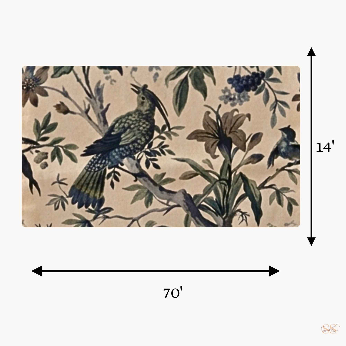 Blue floral printed long table runner measuring 14 x 70 inches by Supper & Scene.