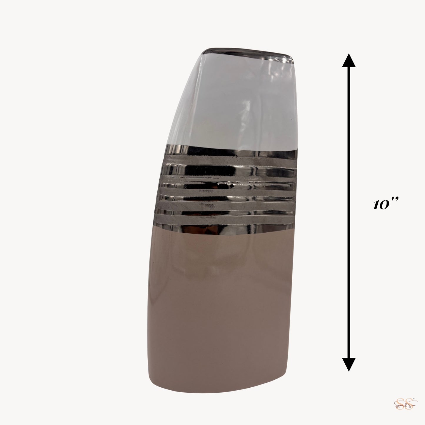 Tall contemporary ceramic vase in grey, white, and chrome silver tones with a minimalist 10-inch design, by Supper and Scene.