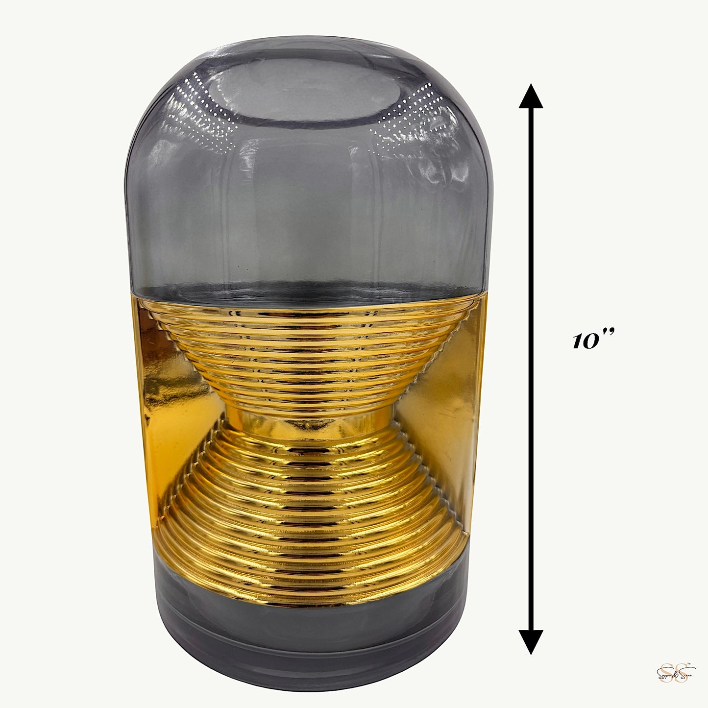 Full view of a 10-inch black and gold modern glass vase showcasing a bold hourglass metallic centerpiece by Supper & Scene.