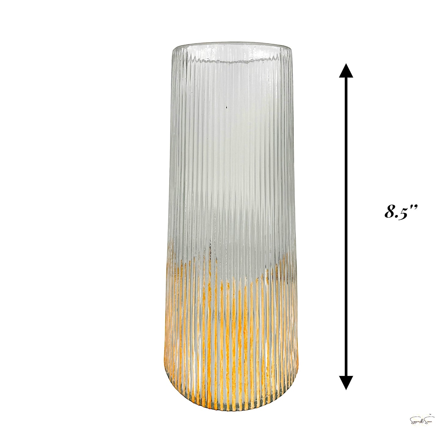 Tall cylindrical glass vase with ribbed texture and gradient color, 8.5'.