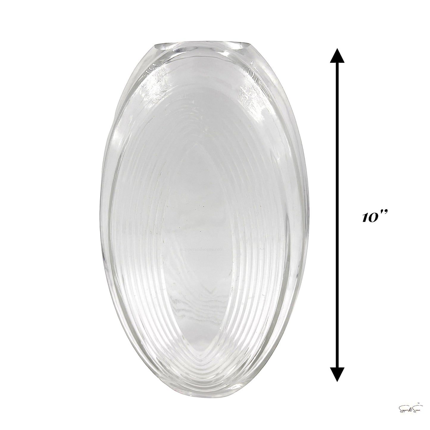 Simple centered image of a 10-inch oval clear glass vase with textured ripple lines by Supper and Scene.