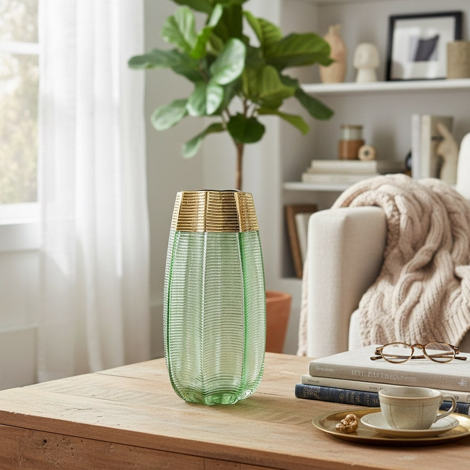 decorative vase on a wooden table with a living room background by supper and scene