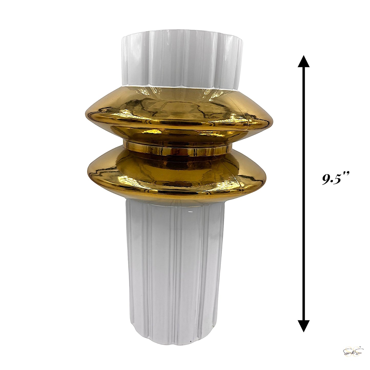 White and gold modern glass vase with ribbed white sections and a bold double gold-ring design, 9.5 inches tall by Supper & Scene