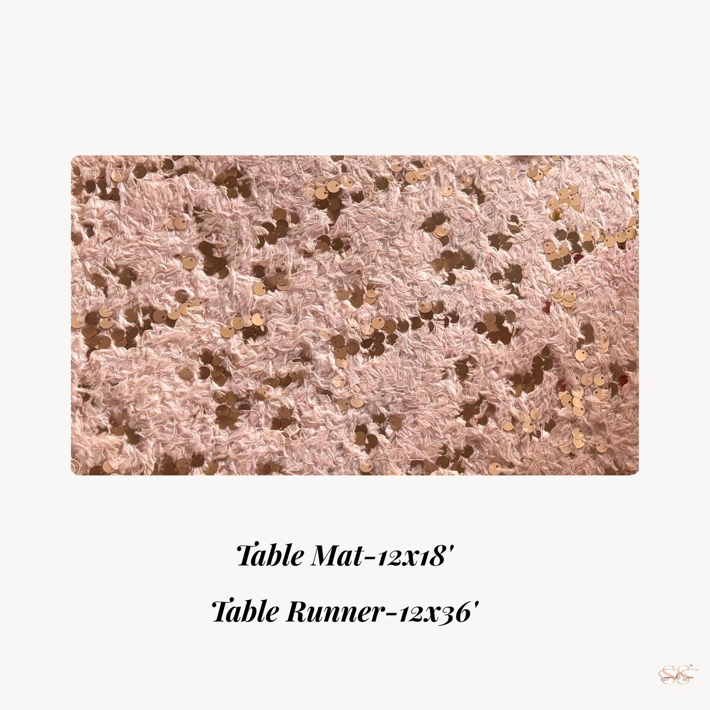 Textured pink table mat or runner with dimensions on a white background