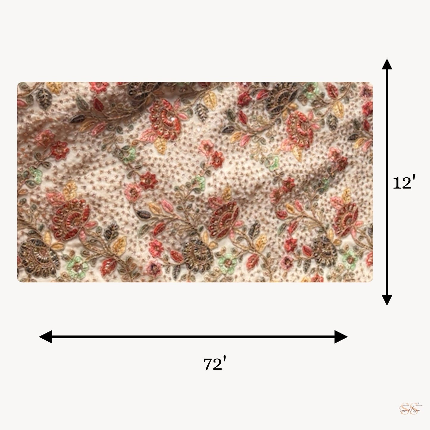 Floral patterned table runner with dimensions 12' x 72' on a white background.