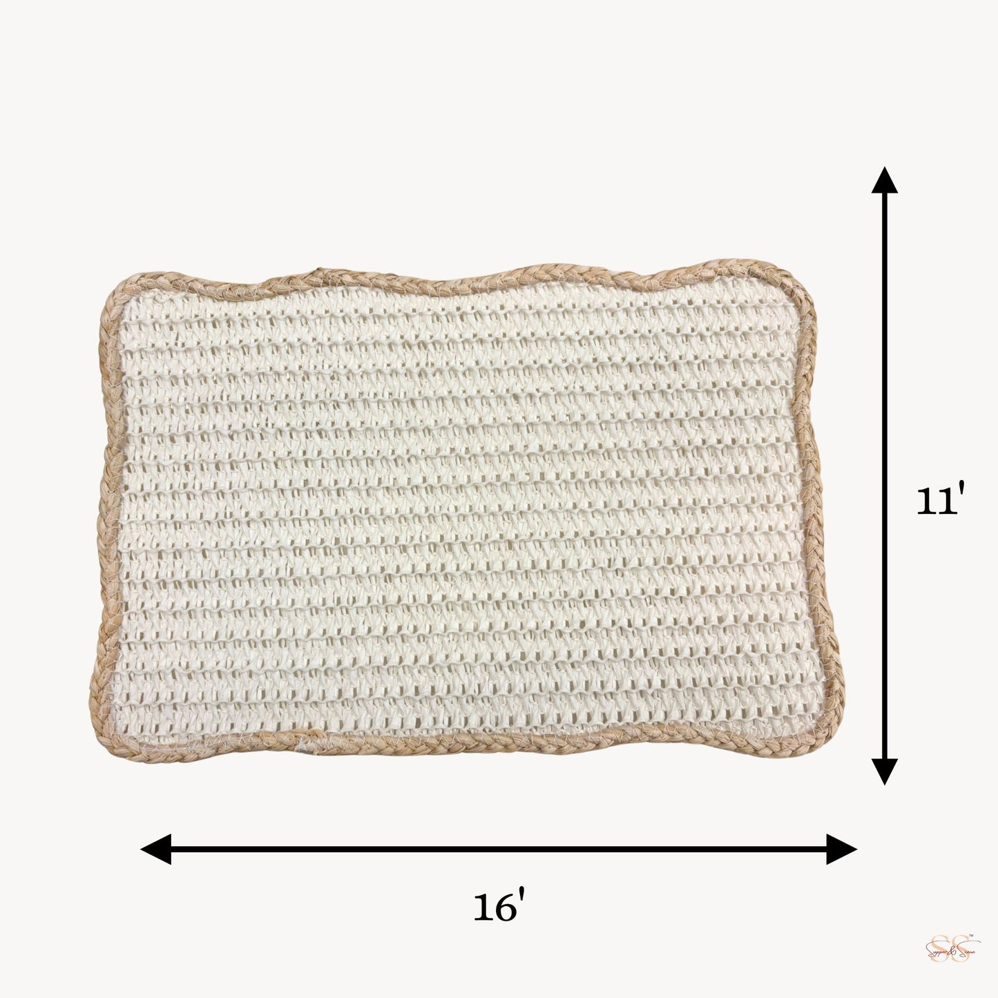 White rectangular jute side mat 11x16 inch woven placemat with natural jute border