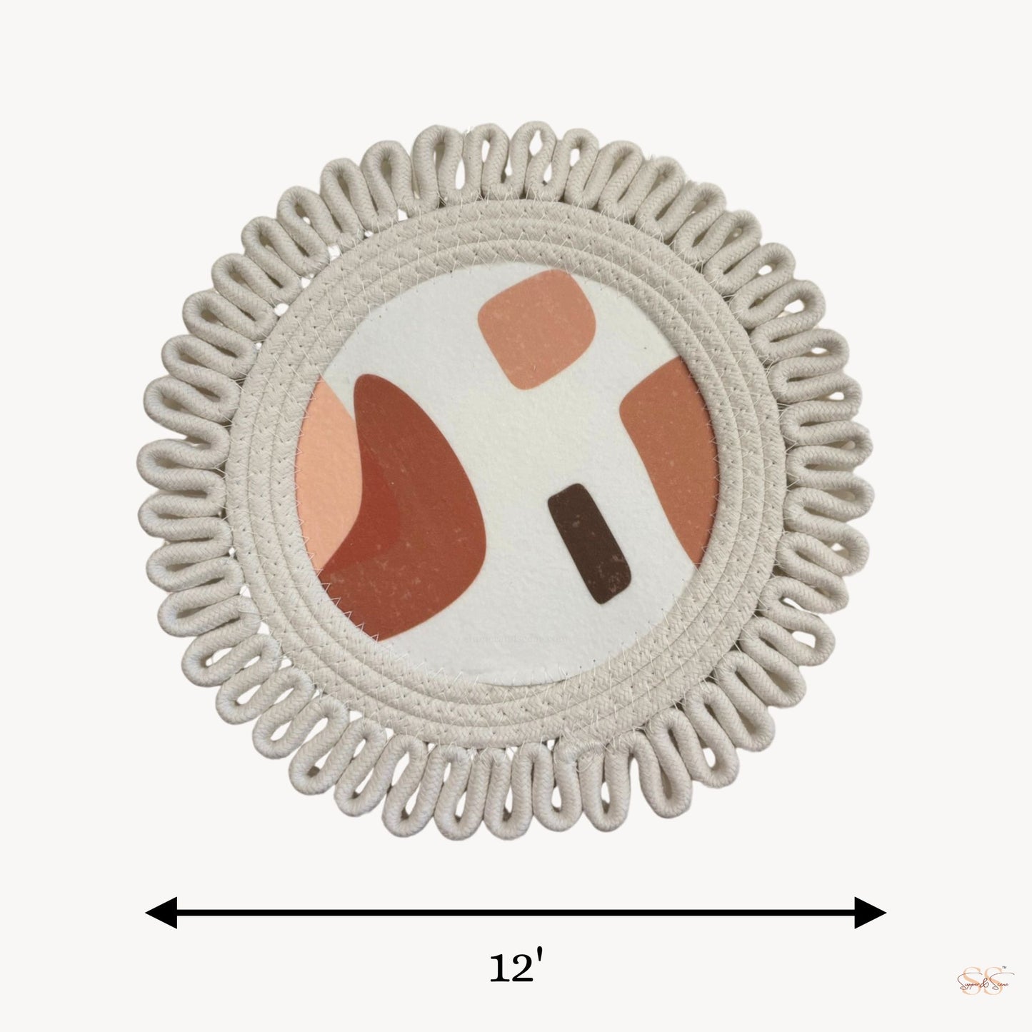 Round cotton side mat white abstract print 12 inch placemat with braided loop border table styling mat