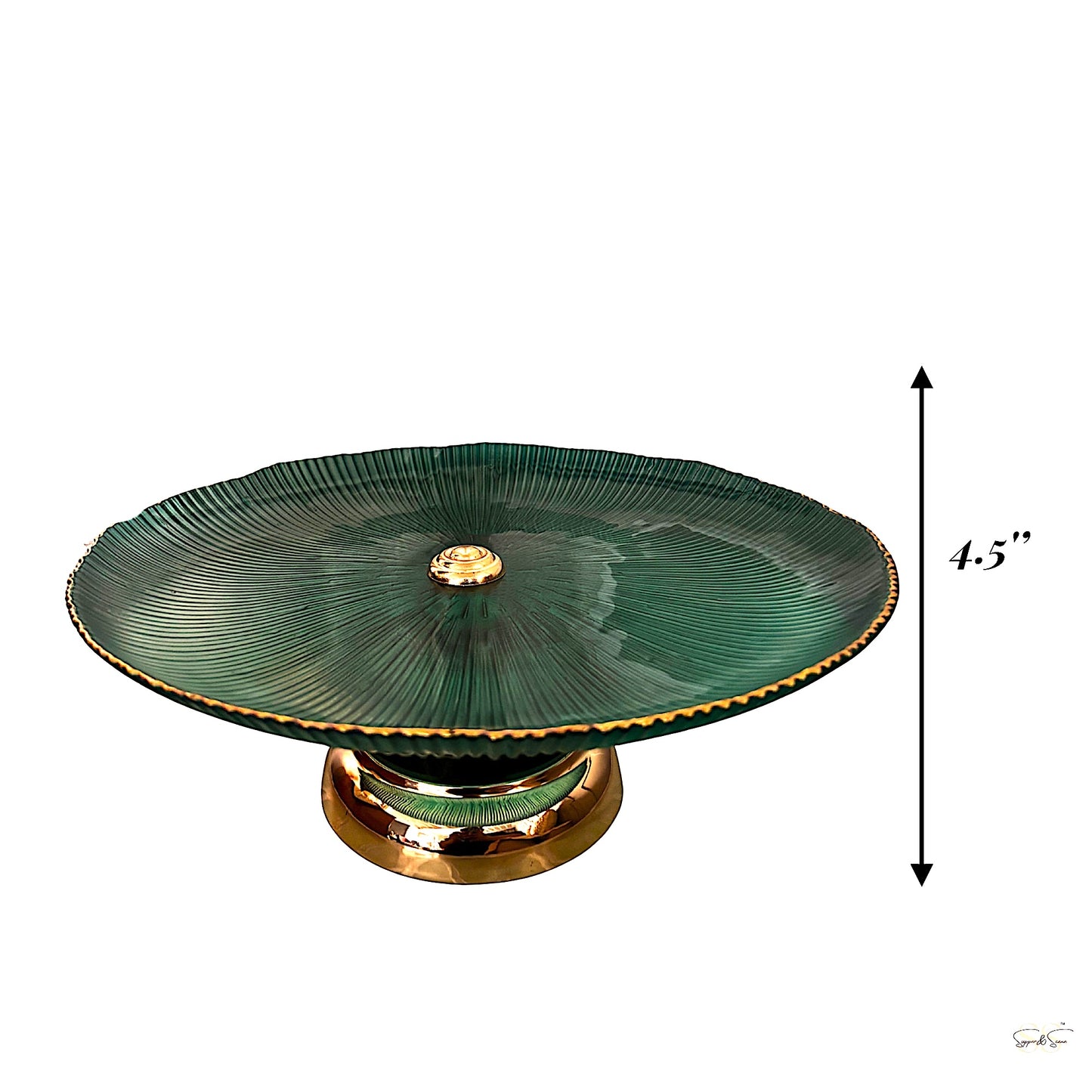 Green glass pedestal platter with gold accents, shown with 4.5-inch height measurement by Supper & Scene.