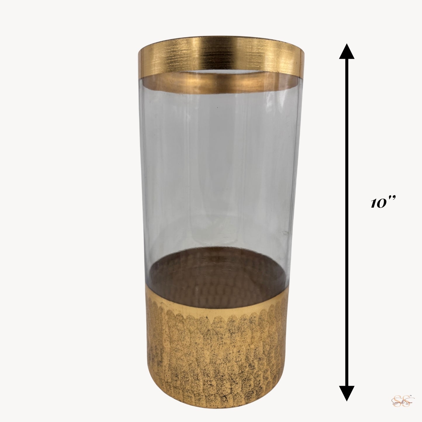 Front view of a cylindrical clear glass vase featuring a hammered gold bottom and smooth transparent upper half, 10-inch , by Supper and Scene.