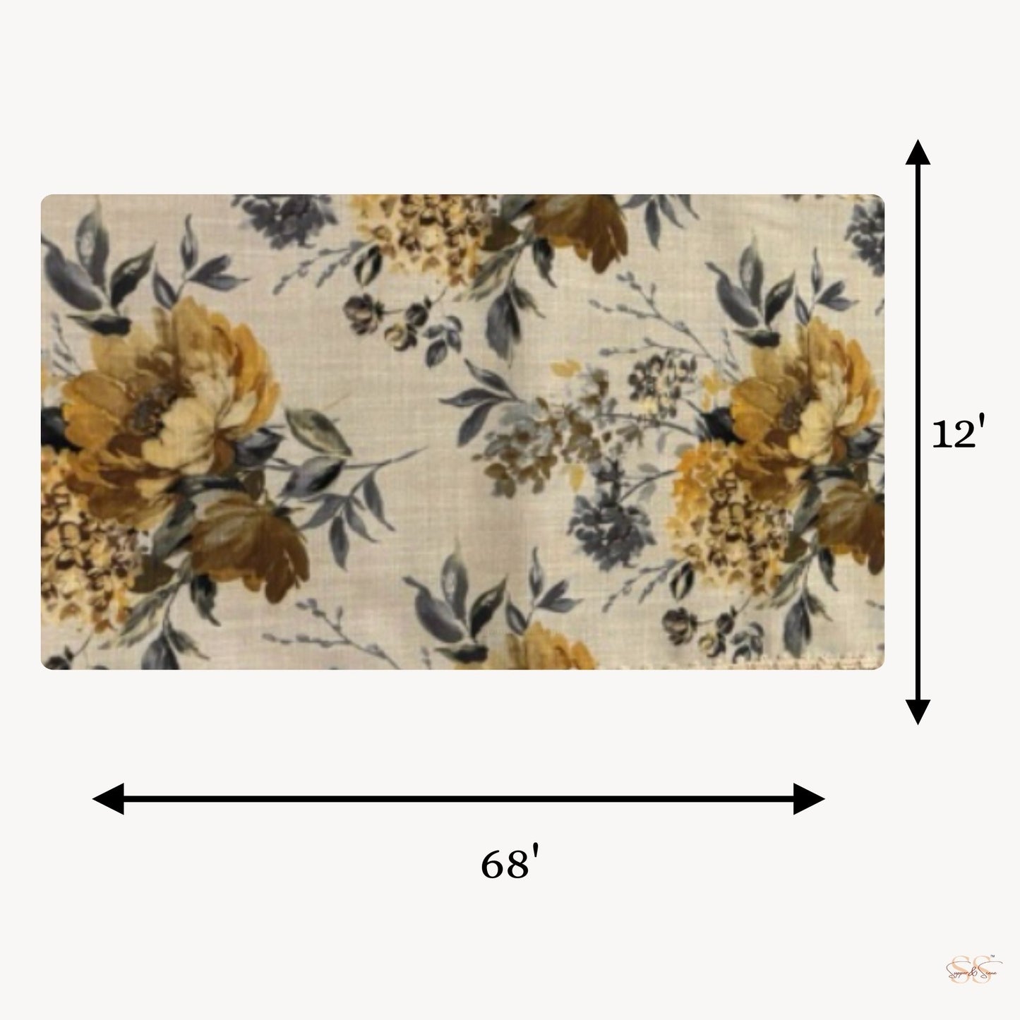 Floral printed table runner 12x68 inch mustard and blue botanical dining table linen