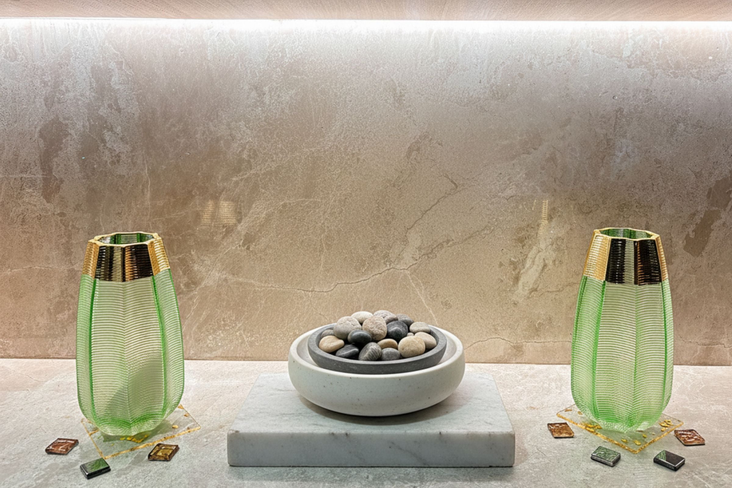 Two green glass vases with gold bases on a marble surface against a stone wall.