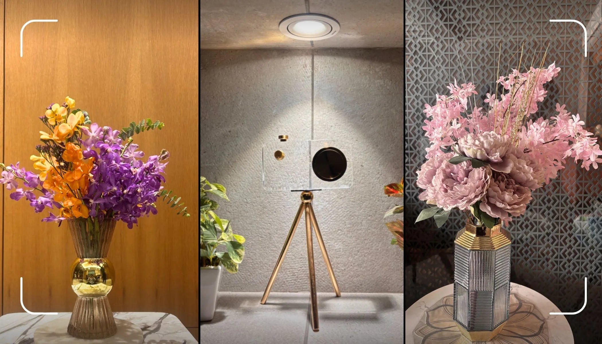 Three images of floral arrangements in vases with a camera and textured wall in the center.