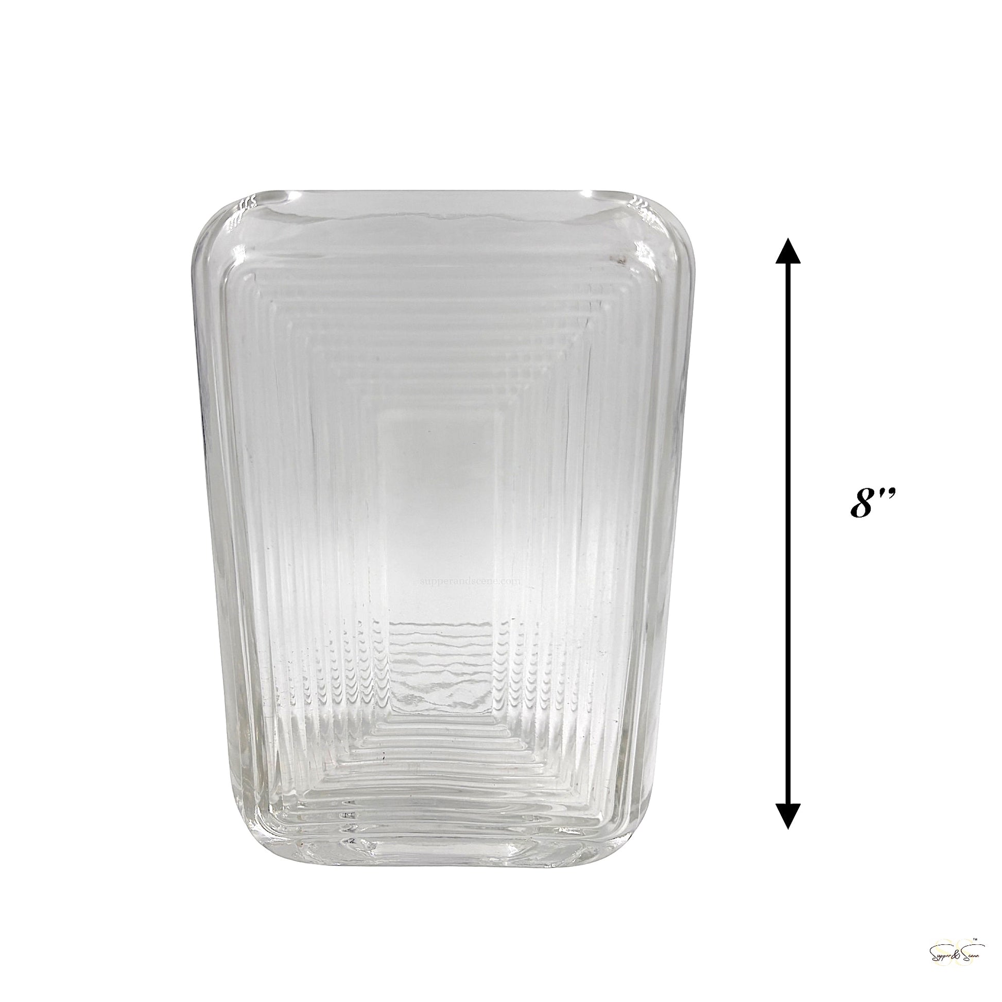 Front-facing shot of an 8-inch rectangular clear glass vase showcasing its clean geometric lines and textured ribbed pattern by Supper and Scene.