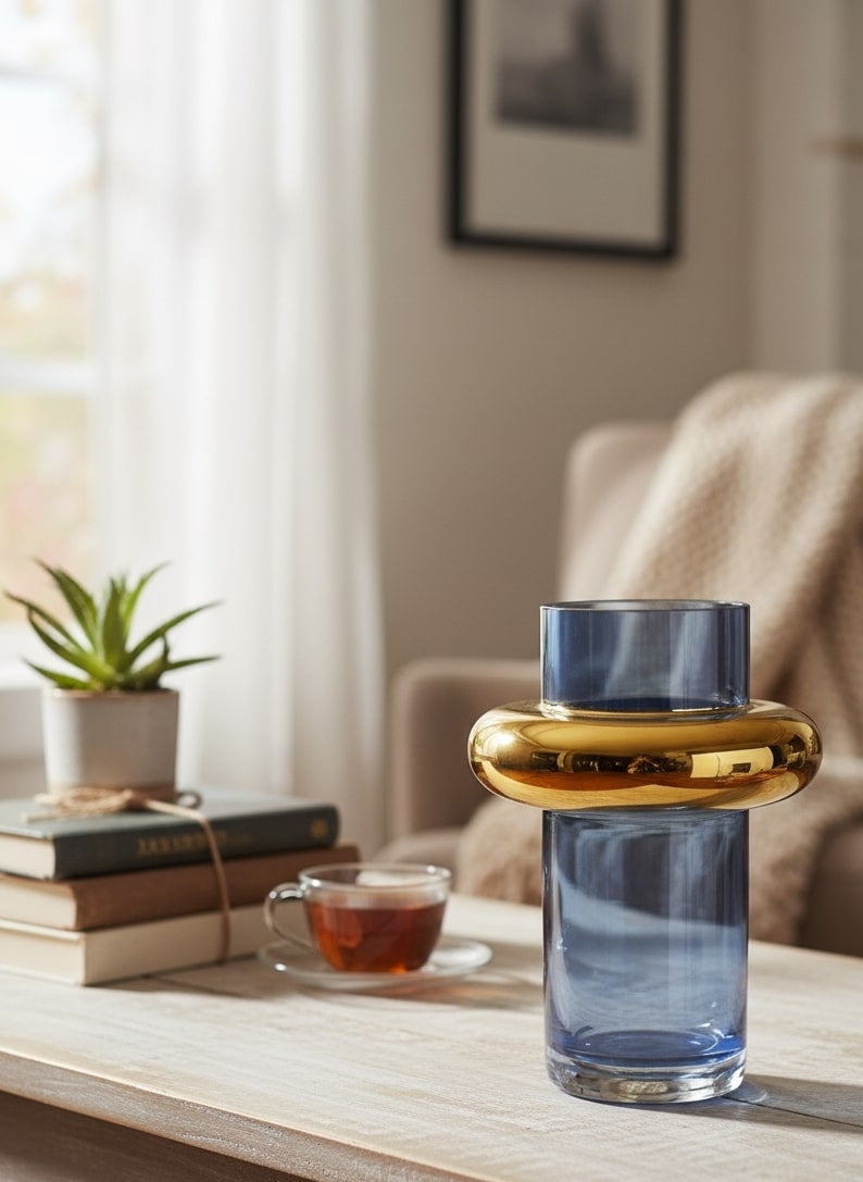 Blue and gold vase on a wooden table with a cup of tea and books in a cozy room.