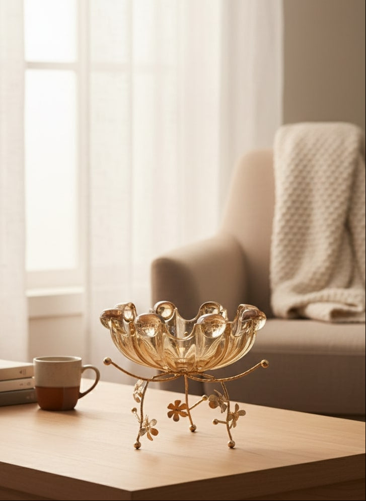 Decorative glass bowl on a wooden table in a cozy living room by supper and scene.