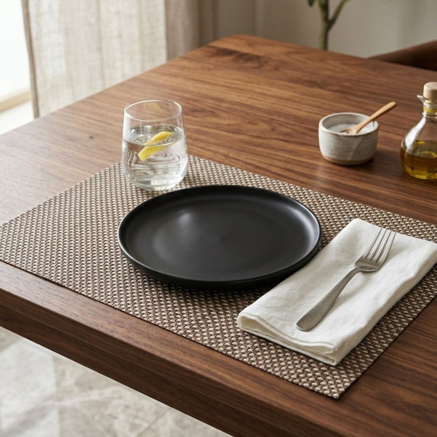 Dark brown basket weave table mat rectangular dining placemat styled on wooden table