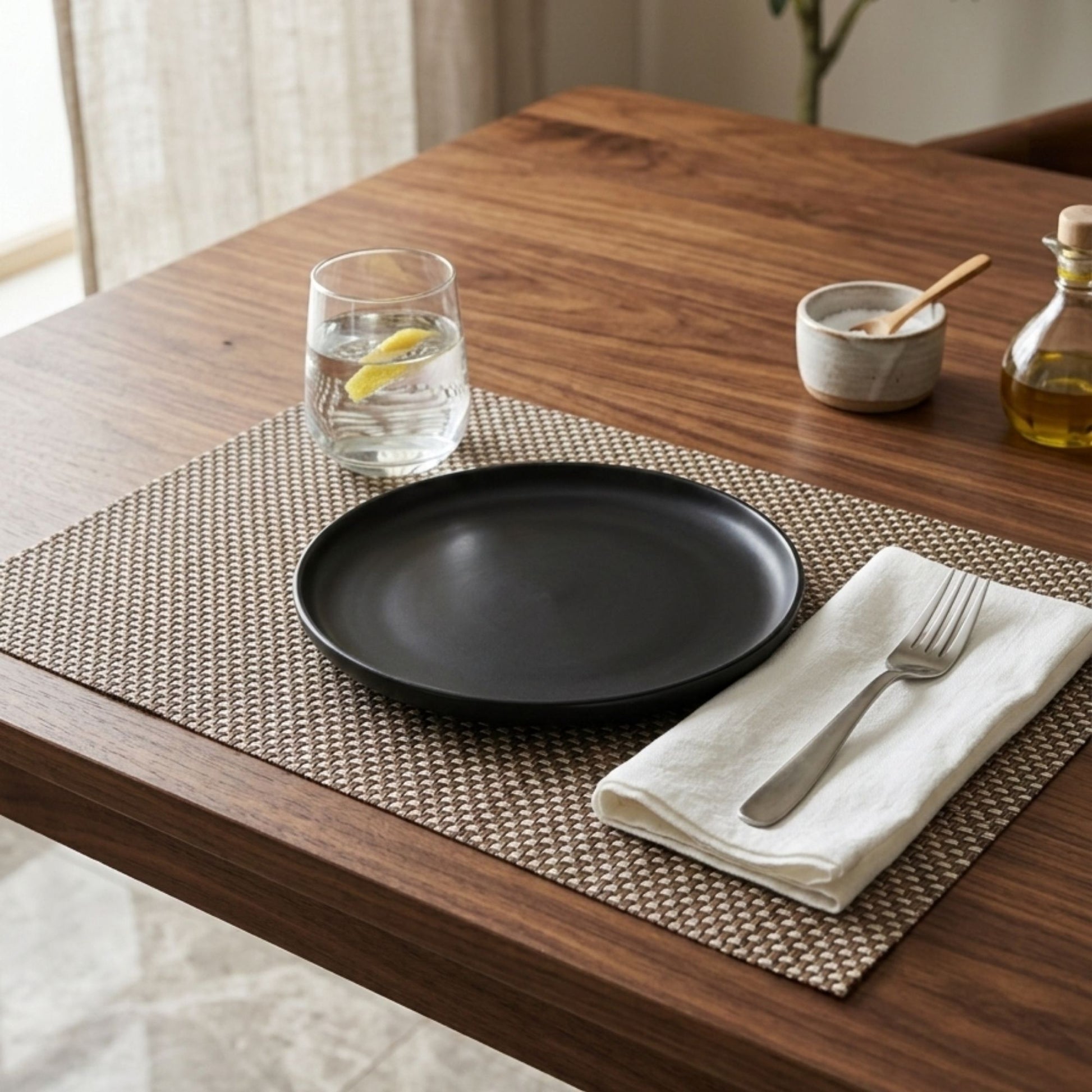 Dark brown basket weave table mat rectangular dining placemat styled on wooden table