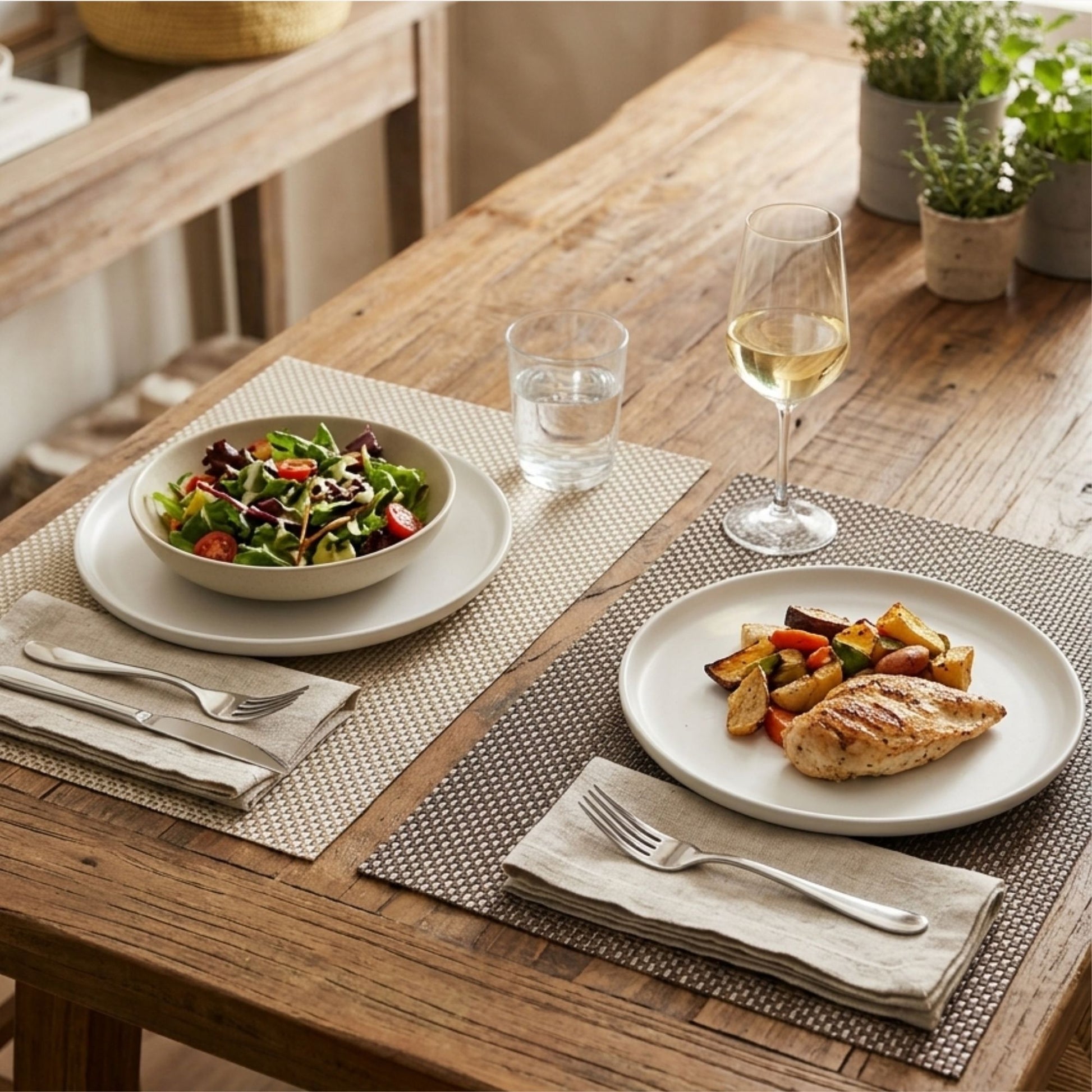 Basket weave table mat set of 6 beige and brown rectangular dining placemats on wooden table