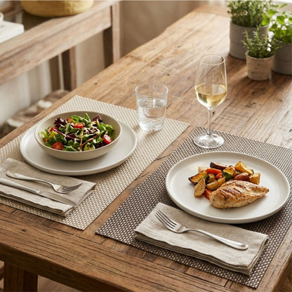 Basket weave table mat set of 6 beige and brown rectangular dining placemats on wooden table