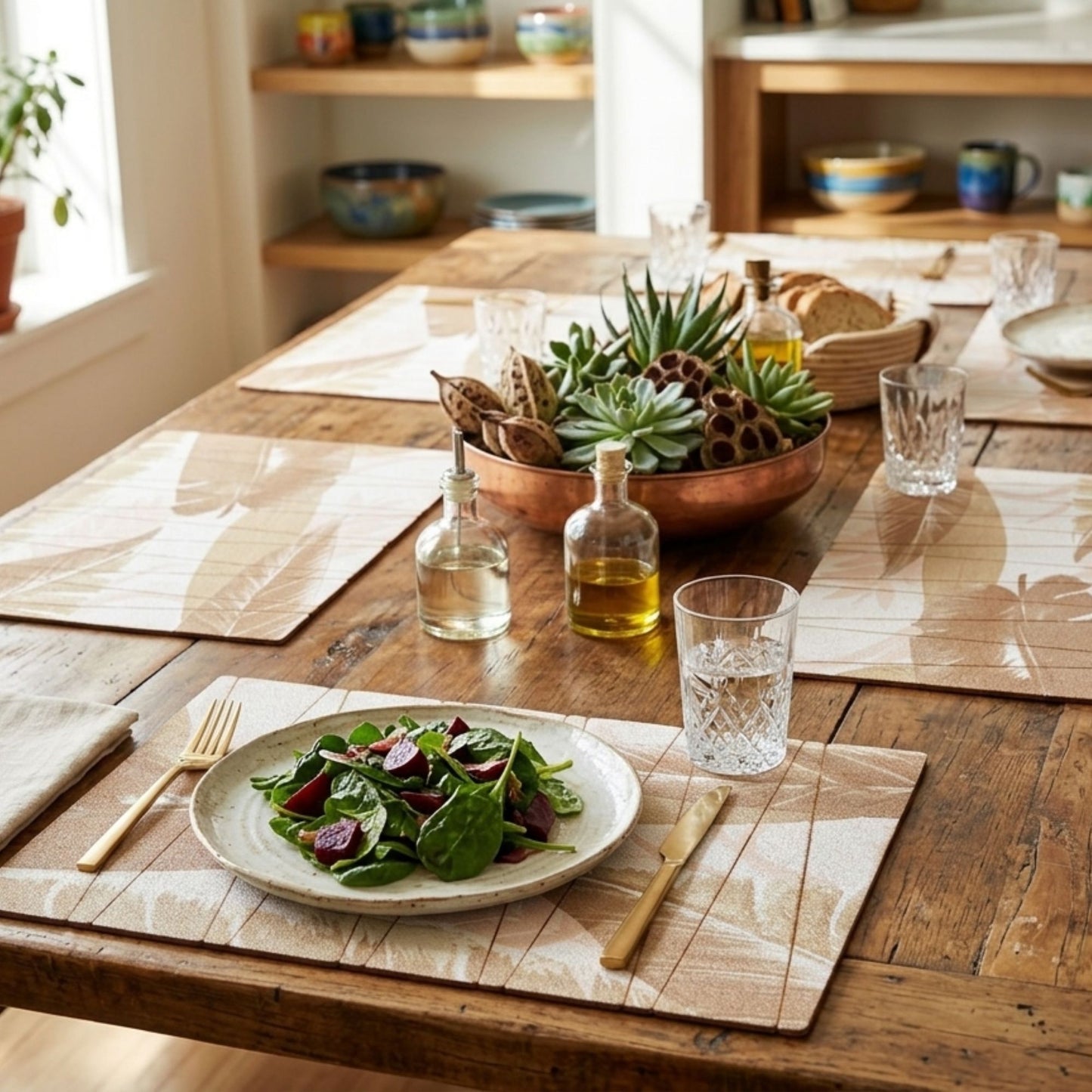 Beige and brown wooden wildlife print rectangular table mat set of 6 styled on a dining table by Supper & Scene.