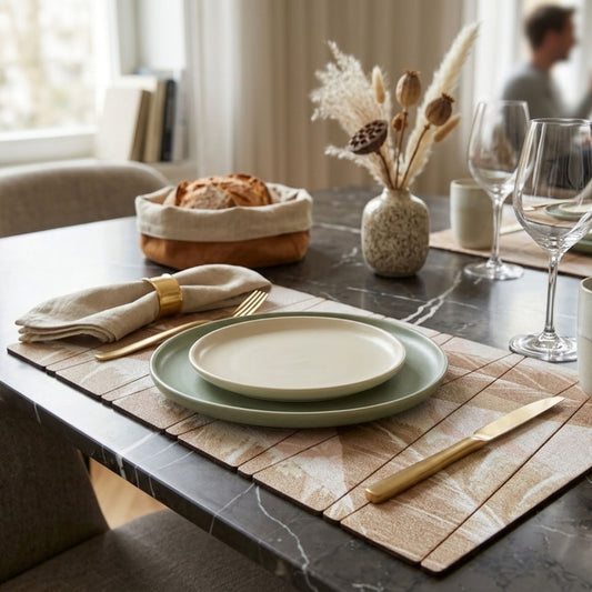 Beige and brown wooden wildlife print rectangular table mat set of 6 for modern dining by Supper & Scene.