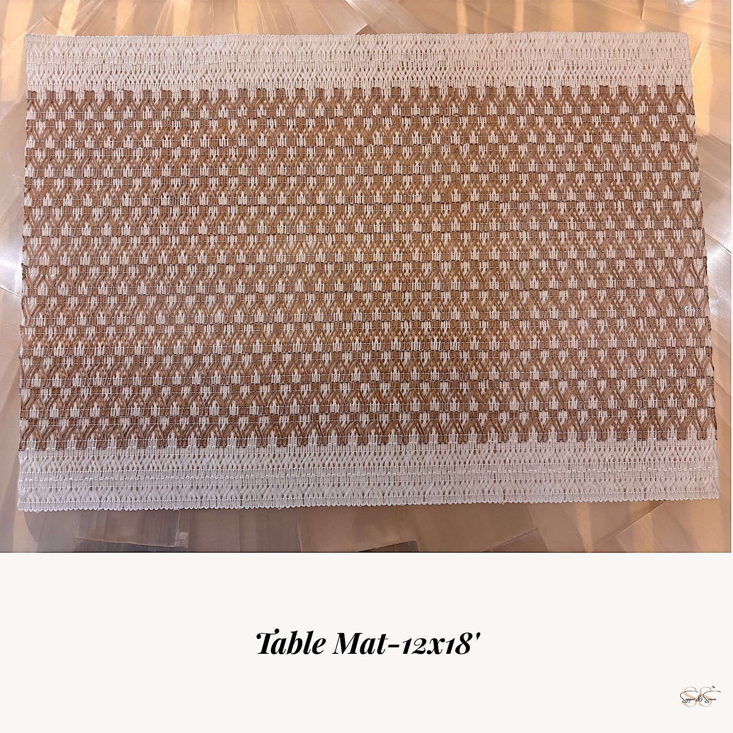A single beige and white woven table mat in a textured pattern, displayed flat to show full detailing.