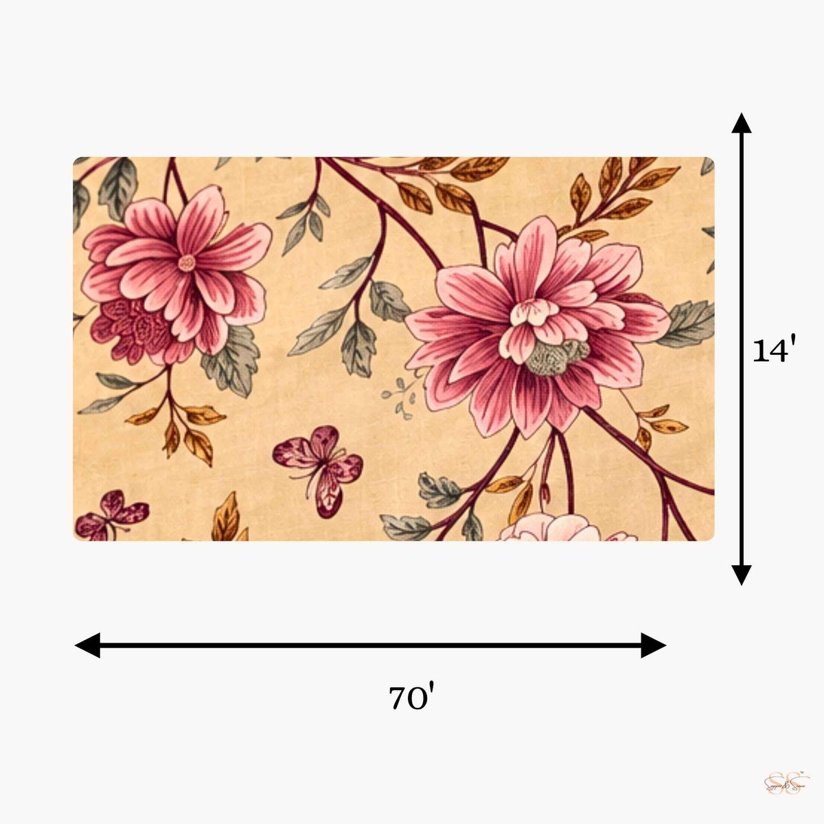 Beige pink floral printed long table runner measuring 14 x 70 inches by Supper & Scene.
