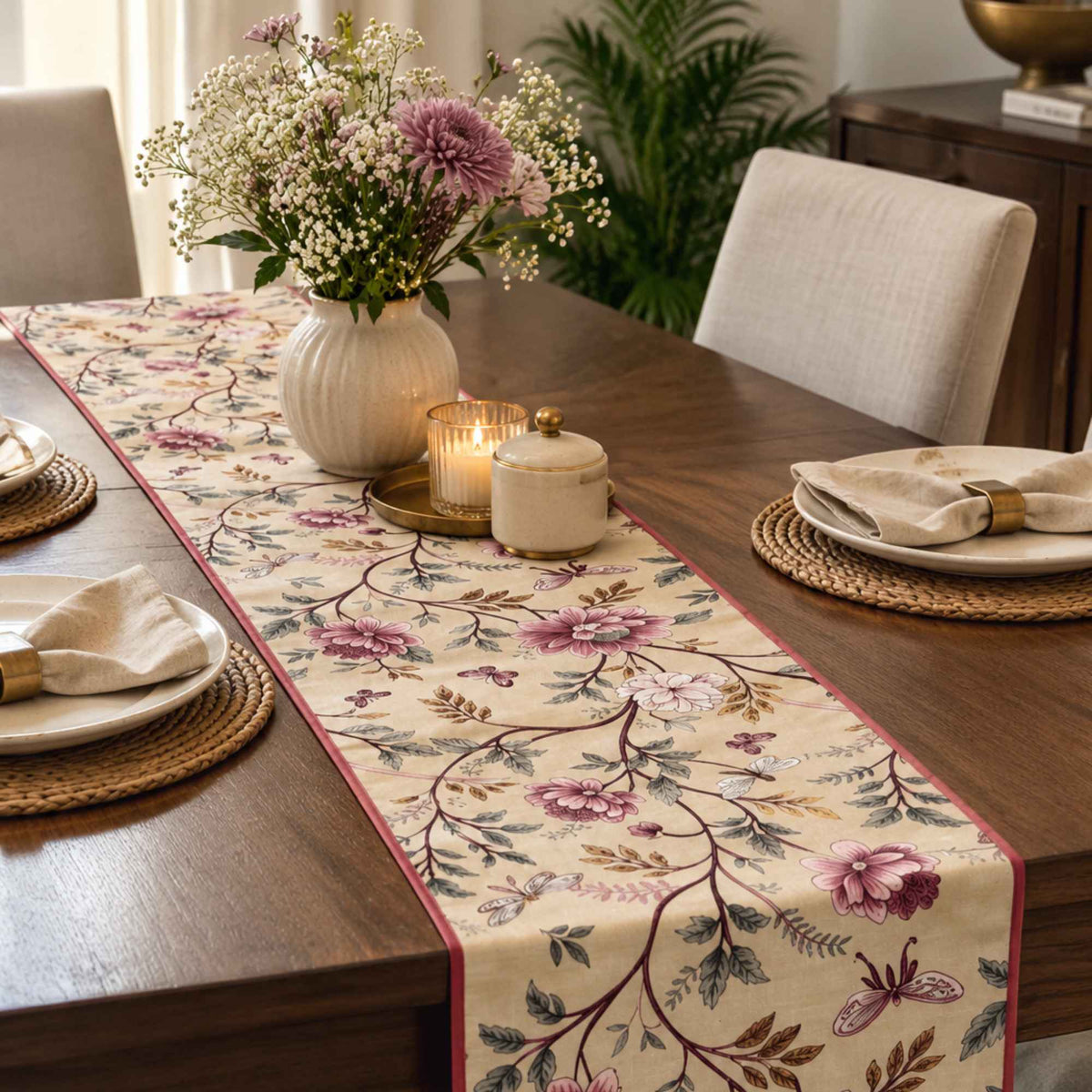 Beige pink floral printed table runner for dining table styling by Supper & Scene.