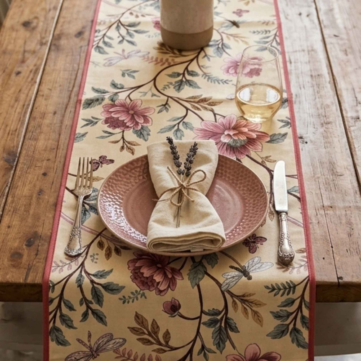 Beige pink floral printed long table runner styled on a dining table by Supper & Scene.