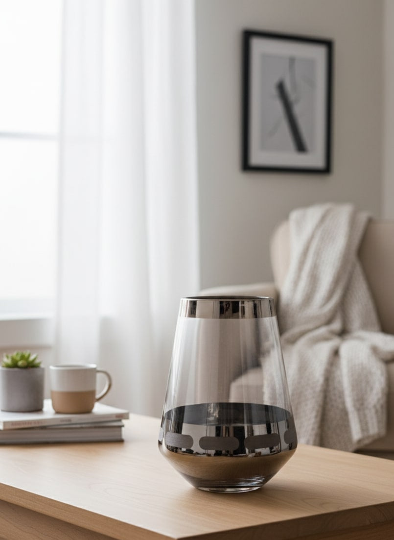 Glass vase on a wooden table with a cozy living room background by supper and scne