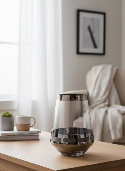 Glass vase on a wooden table with a cozy living room background by supper and scne