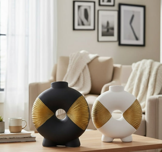 decorative vases on a coffee table in a living room setting