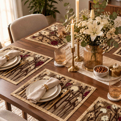 Blue and brown laminated placemat set of 6 arranged for an elegant dining table setting by Supper & Scene.