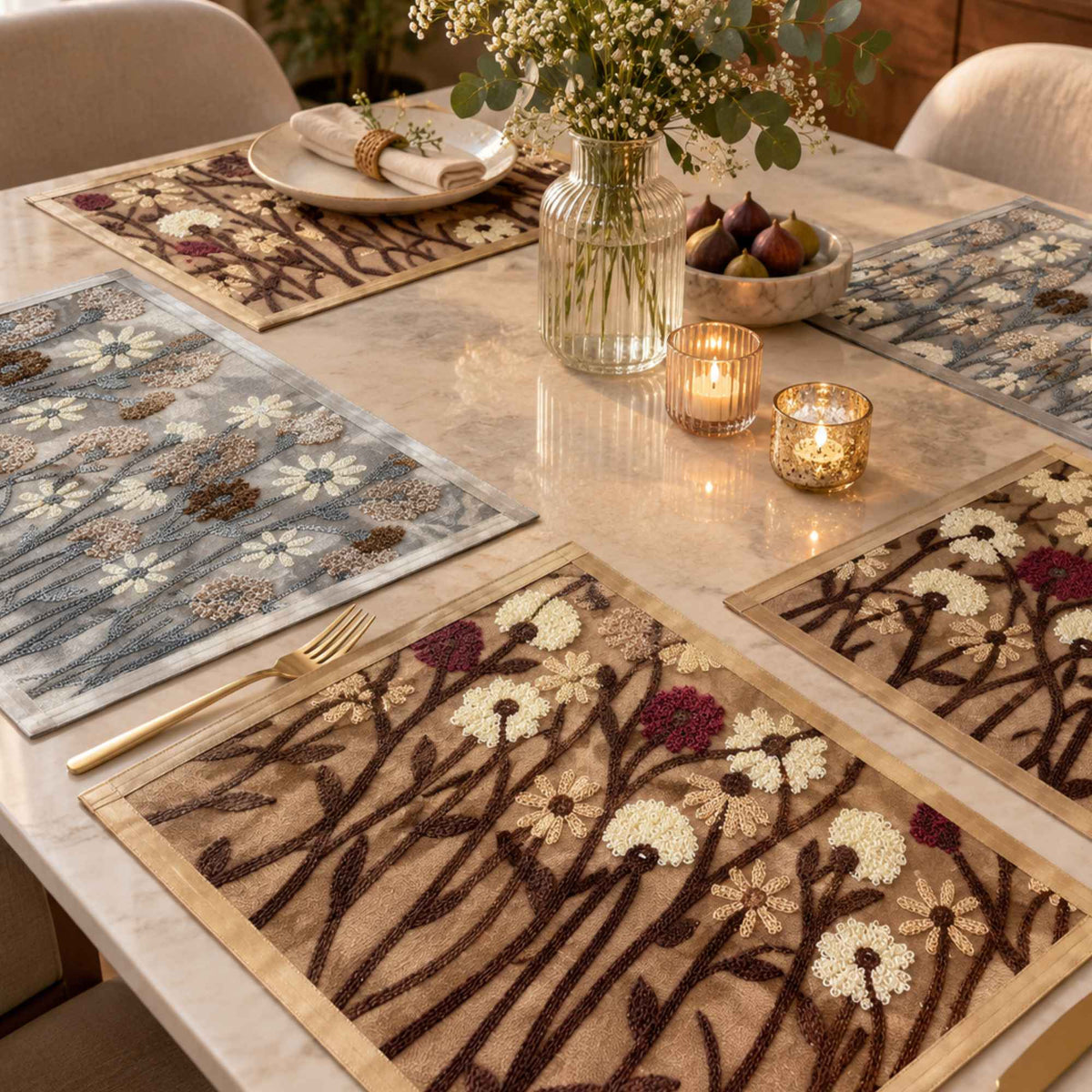 Blue and brown floral laminated placemat set of 6 styled on a dining table by Supper & Scene.