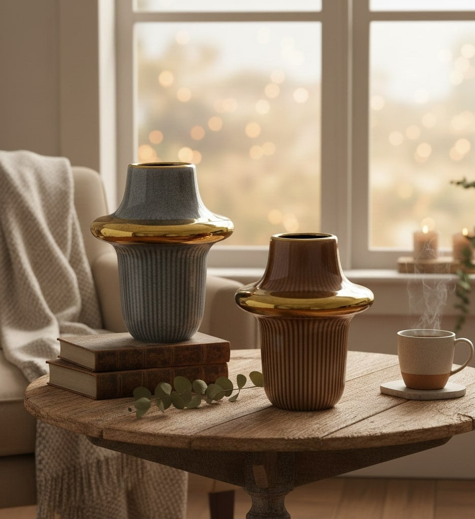 Two ceramic vases on a wooden table with a blurred window background