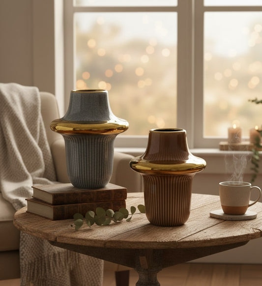 Two ceramic vases on a wooden table with a blurred window background