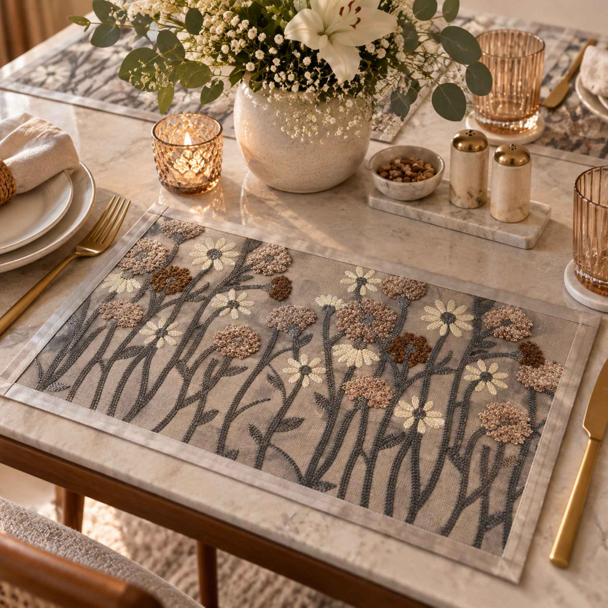 Close-up of blue and brown floral laminated placemats from a set of 6 by Supper & Scene.