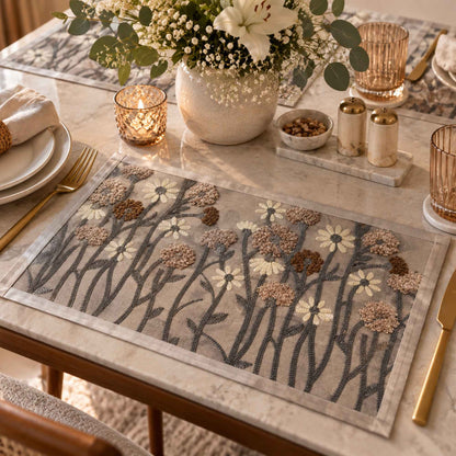 Close-up of blue and brown floral laminated placemats from a set of 6 by Supper & Scene.