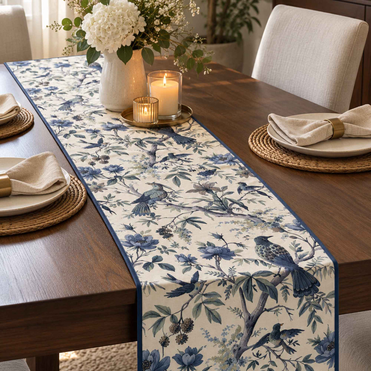 Blue floral printed long table runner for dining table styling by Supper & Scene.