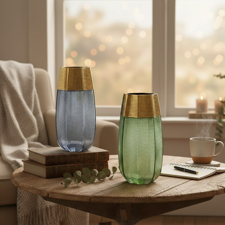 Two glass vases on a wooden table with a cup and notebook in a cozy room.