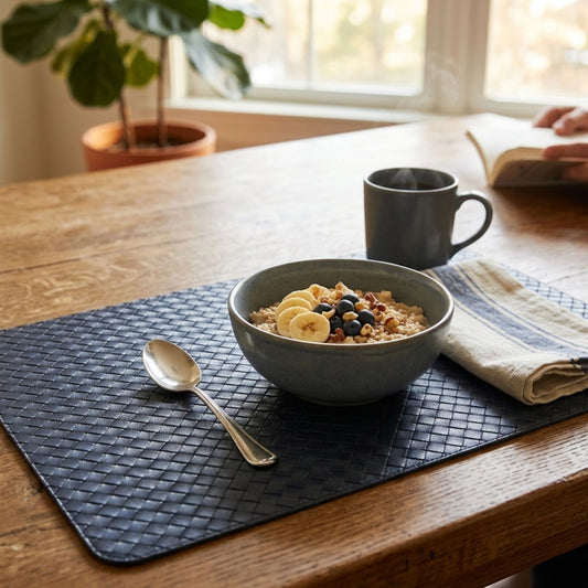 Blue reversible PU leather rectangular table mat set of 6 for everyday dining and breakfast by Supper & Scene.