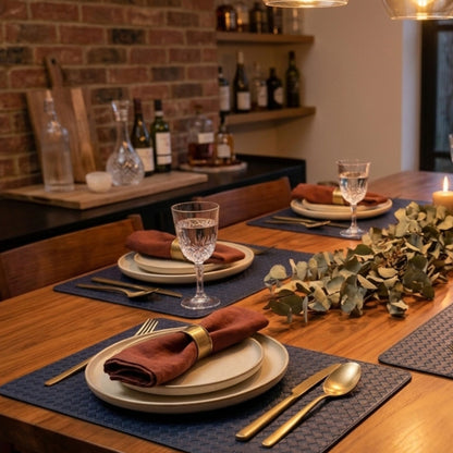 Blue reversible PU leather rectangular table mat set of 6, 18 x 12 inch, by Supper & Scene.