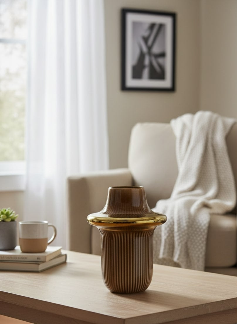 decorative vase on a coffee table in a living room by supper and scene