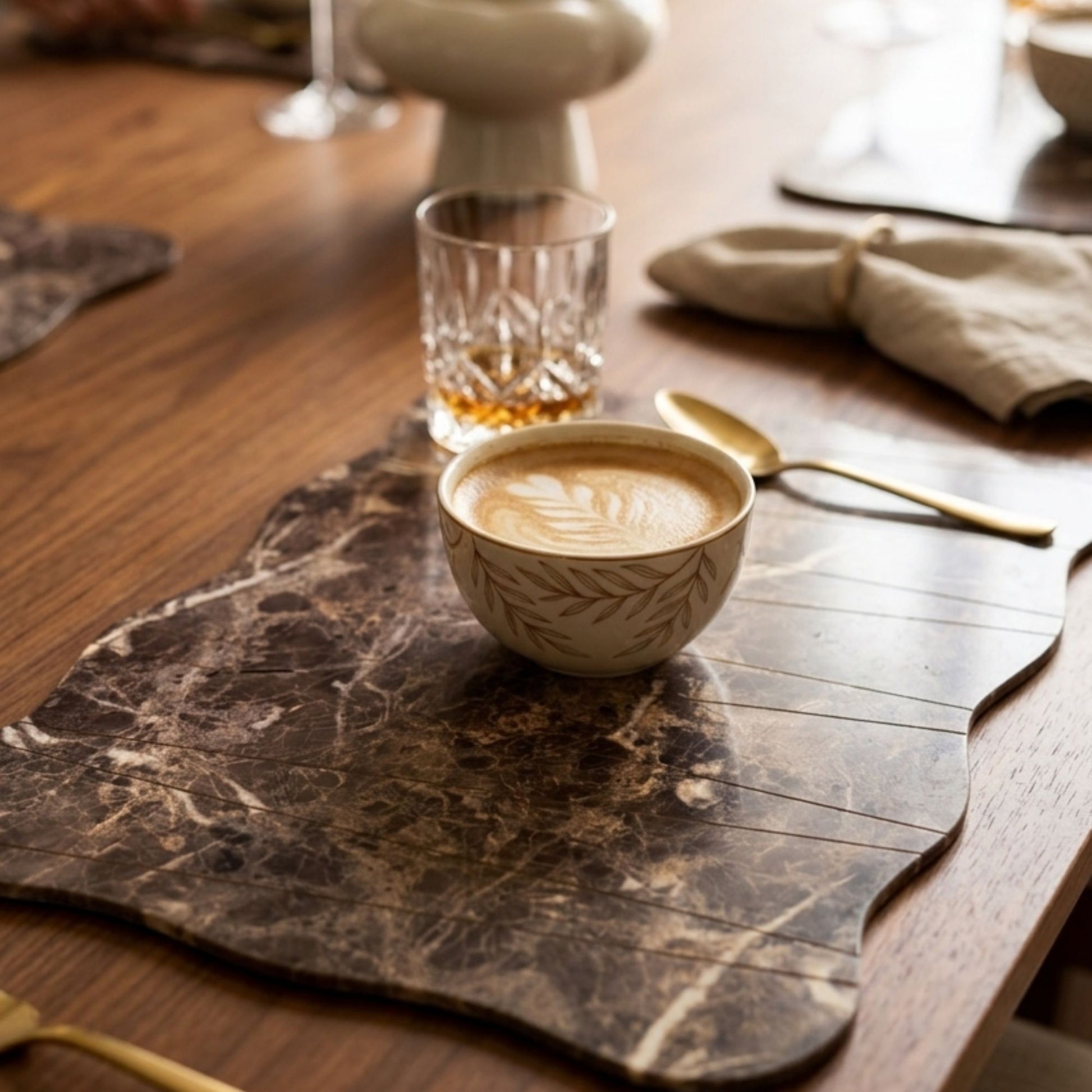 Close-up of a marble print rectangular table mat set of 6 for dining and table styling by Supper & Scene.
