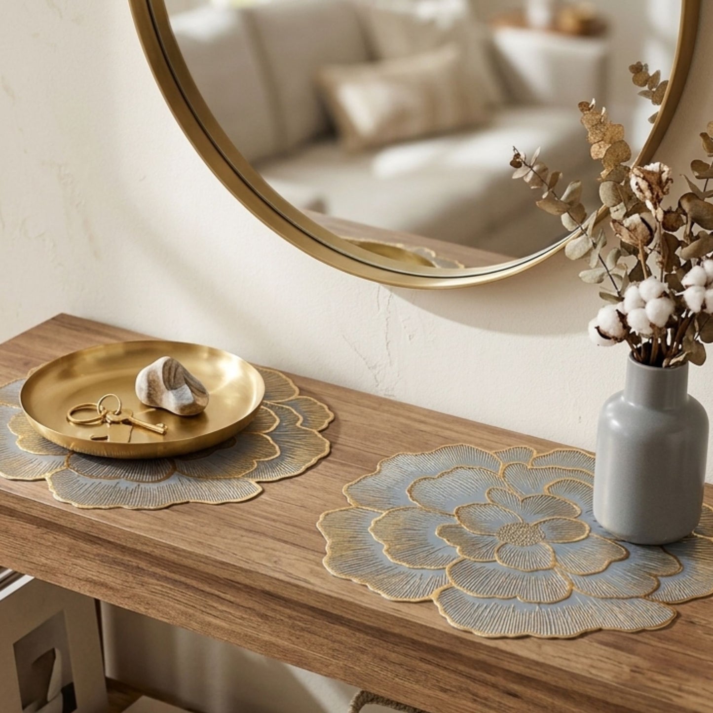 Blue and gold chrome flower-shaped side mat for console table decor by Supper & Scene.