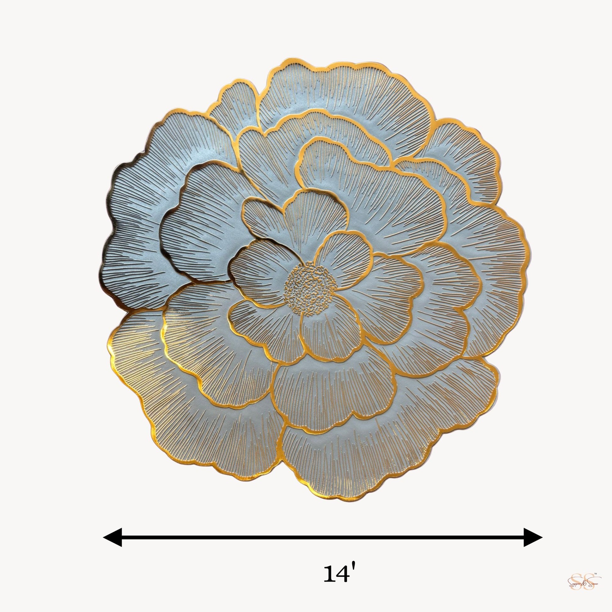 Blue and gold chrome flower-shaped side mat for side table styling by Supper & Scene.