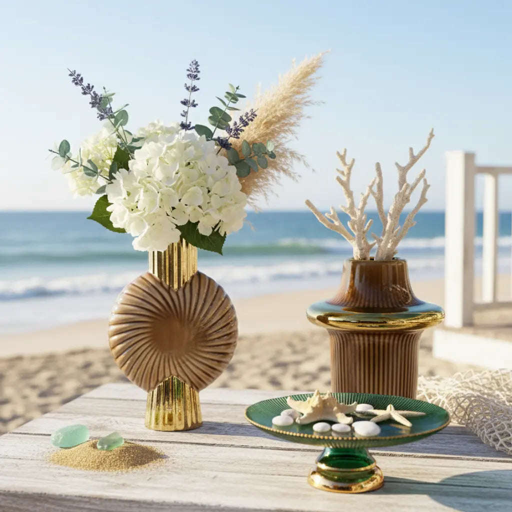 Decorative vases with floral and coral arrangements on a beach setting