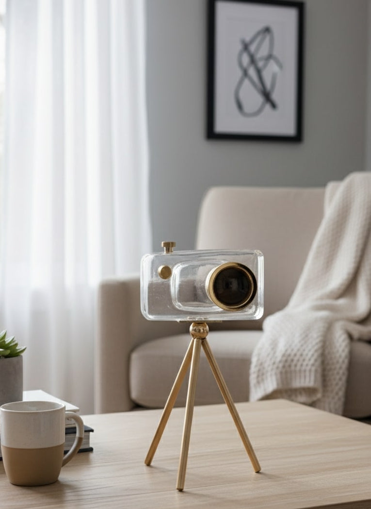 Clear camera on a tripod on a wooden table in a living room setting by supper and scene