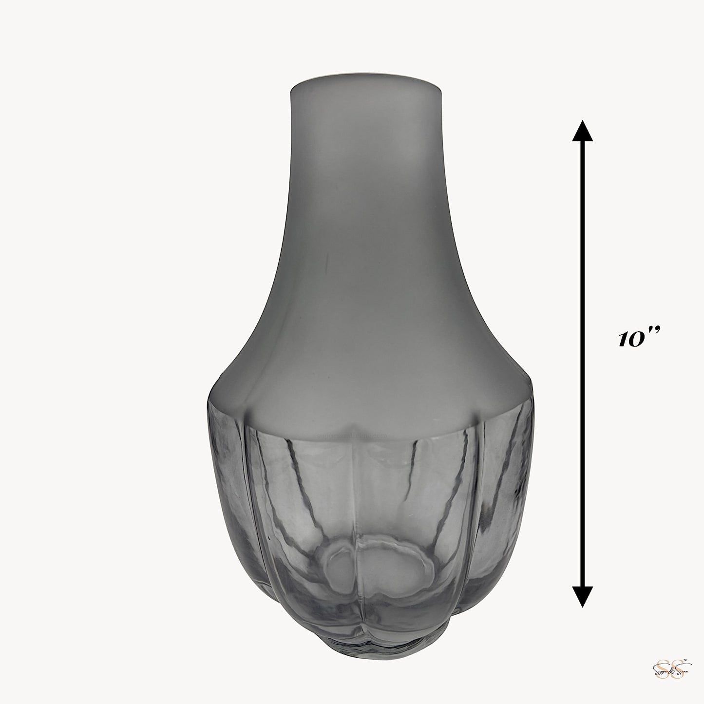 Tall frosted grey glass vase featuring a smooth upper body and sculpted, semi-transparent base with vertical contours.