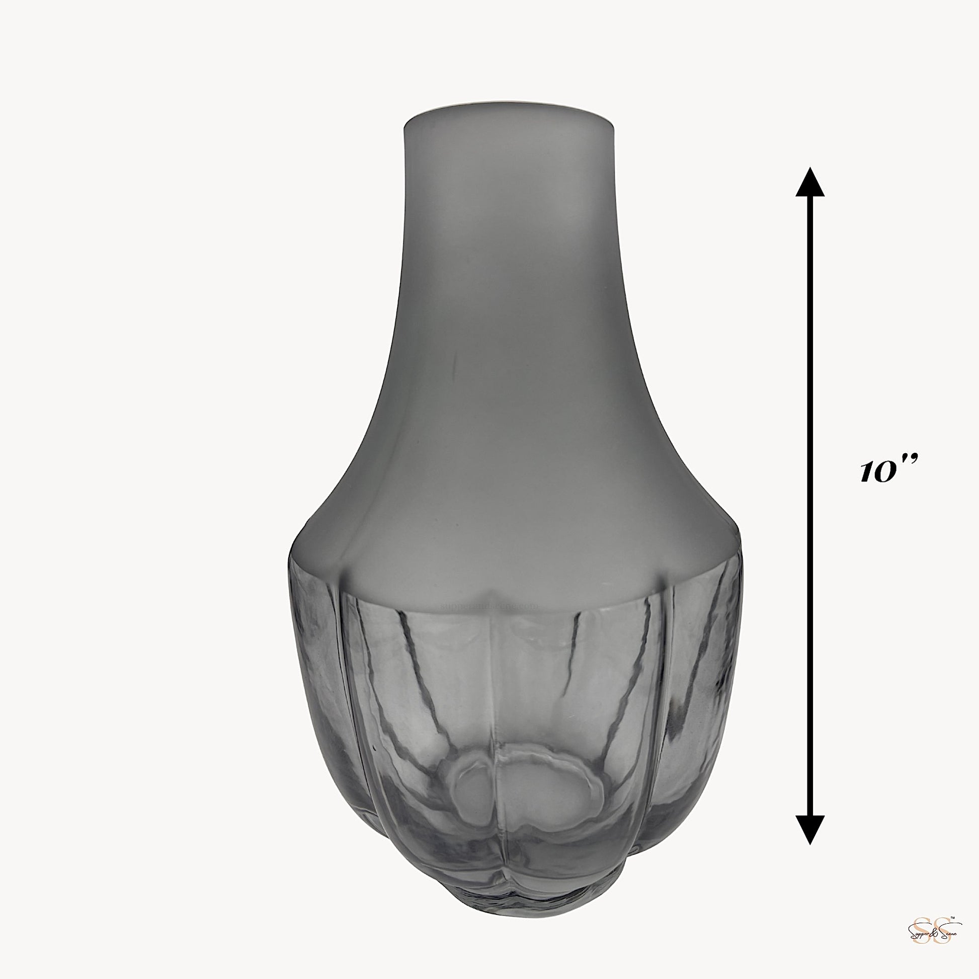Tall frosted grey glass vase featuring a smooth upper body and sculpted, semi-transparent base with vertical contours.